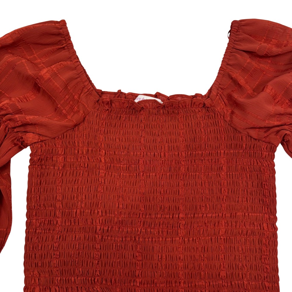 Honey & Sparkle Womens Medium Blouse Rust Smocked Puff Sleeve Square Neck Plaid